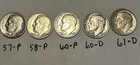 1957P-1958P-1960P&D-1961D Roosevelt Dimes.  90% Silver.  Lot Of 5