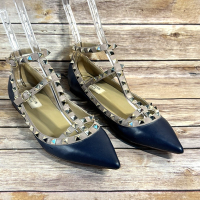 Kaitlyn Pan Navy Blue & Tan Womens Rock Stud Strappy Flat Pointed Toe Shoes 8.5