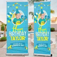 Happy Birthday Teal & Yellow Retractable Roll Up Banner Stand - 33" x 81"