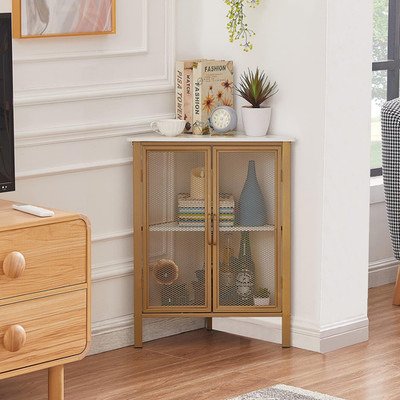 Corner Cabinet/Table, 3-Tier Display Shelves with Protection Door, Metal Frame S