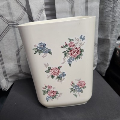Vintage Aquetta Ware Floral Plastic Wastebasket Trash Can Pink Blue Rose Bathrm