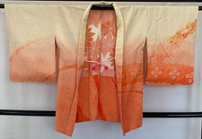 Japanese Vintage Kimono Haori Jacket Polyester Orange Traditional Authentic 32in