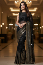 Georgette silk double ton saree indian wedding party wear bollywood women sari
