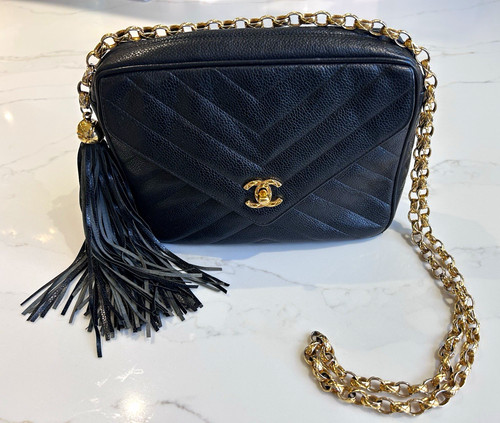 CHANEL Black Chevron Quilted Caviar Small Envelope Tassel Camera Flap Bag Gold