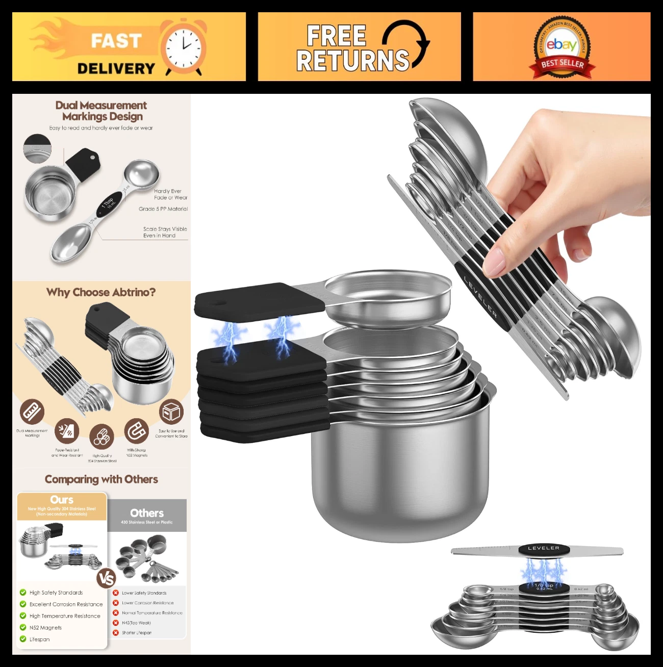 Magnetic Measuring Cups & Spoons Set - 15-Piece Stainless Steel Dual-Sided Desig