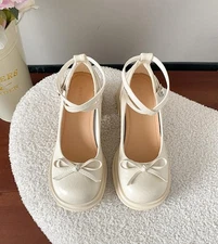 Girl Soft Leather Thick Platform Mary Jane Shoes Lolita Bow Buckle Block Heels