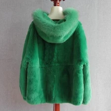Women Real Rex Rabbit Fur Hood Coat Genuine Fox Fur Trimming Full Pelt Jacket
