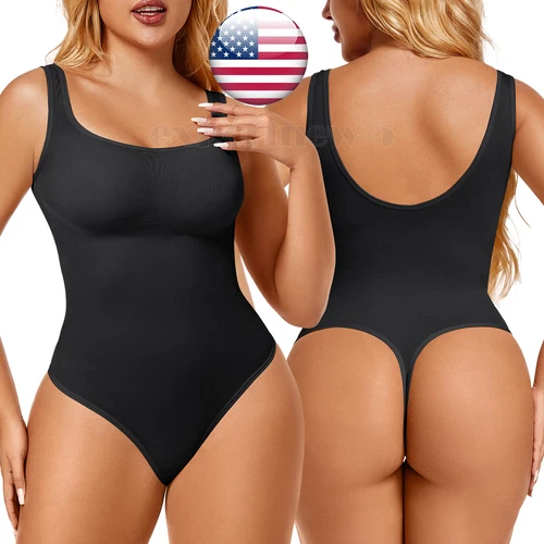 Seamless Thong Bodysuit Stretchy Sleeveless Square Neck Solid Basic Tank Top - Picture 1 of 29