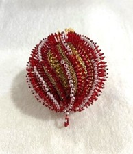 Lot 9 - 1 Lg. Hand Made Vintage Beaded Christmas Ornament-Satin-Red  Gold