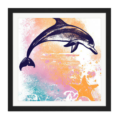 Dolphin Breach Ocean Sunset Starfish Pastel Square Framed Wall Art Picture Print