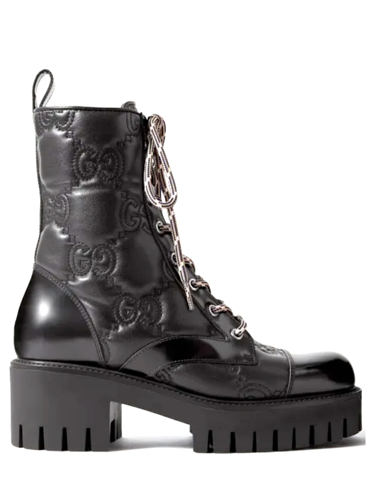 AUTHENTIC GUCCI BLACK QUILTED LACE UP LEATHER GG LOGO COMBAT BOOTS