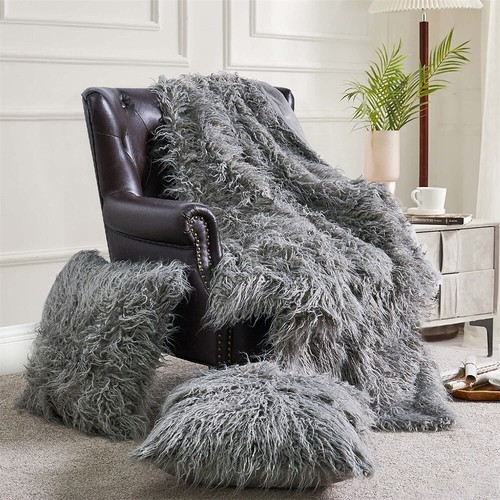 Mongolian Faux Fur Throw Blanket with 2 Pillow Covers – Super Soft & Cozy Set - Picture 14 of 37