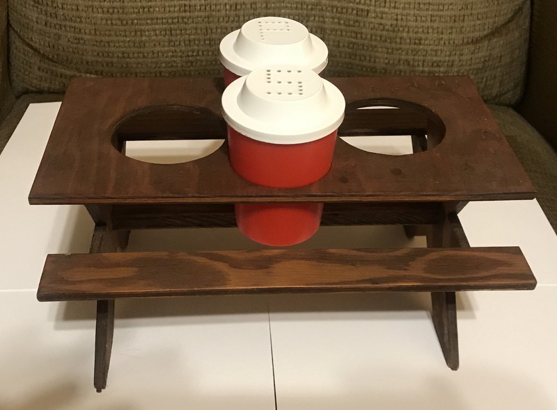 Vintage Redwood Picnic Table Condiment Set With Salt & Pepper - Ketchup Mustard