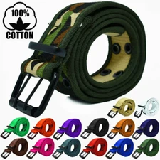  For Men Women Unisex 100% Cotton Canvas Belt Double Grommet Hole Buckle Jean