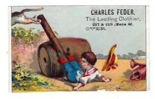 c1890 Victorian Trade Card Charles Feder, Clothier, Sea-Saw Dog & Boy