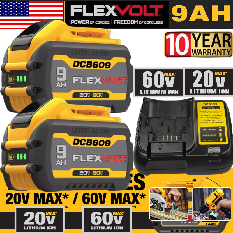 2-Pack 9.0Ah Dewalt FLEXVOLT 20V/60V MAX Battery & Charger DCB609 DCB606-2