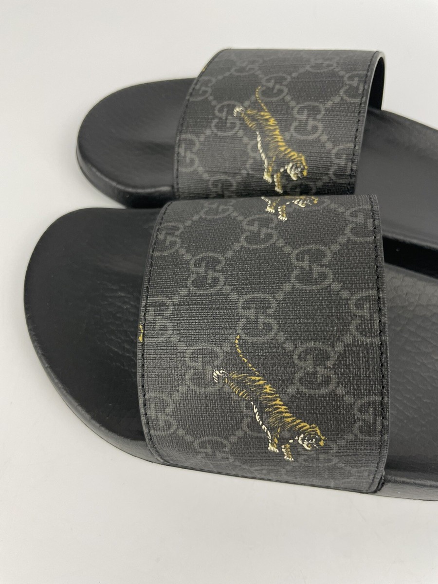 Gucci Men's GG Supreme Tiger Print Black Slides Sandals Size 6/US
