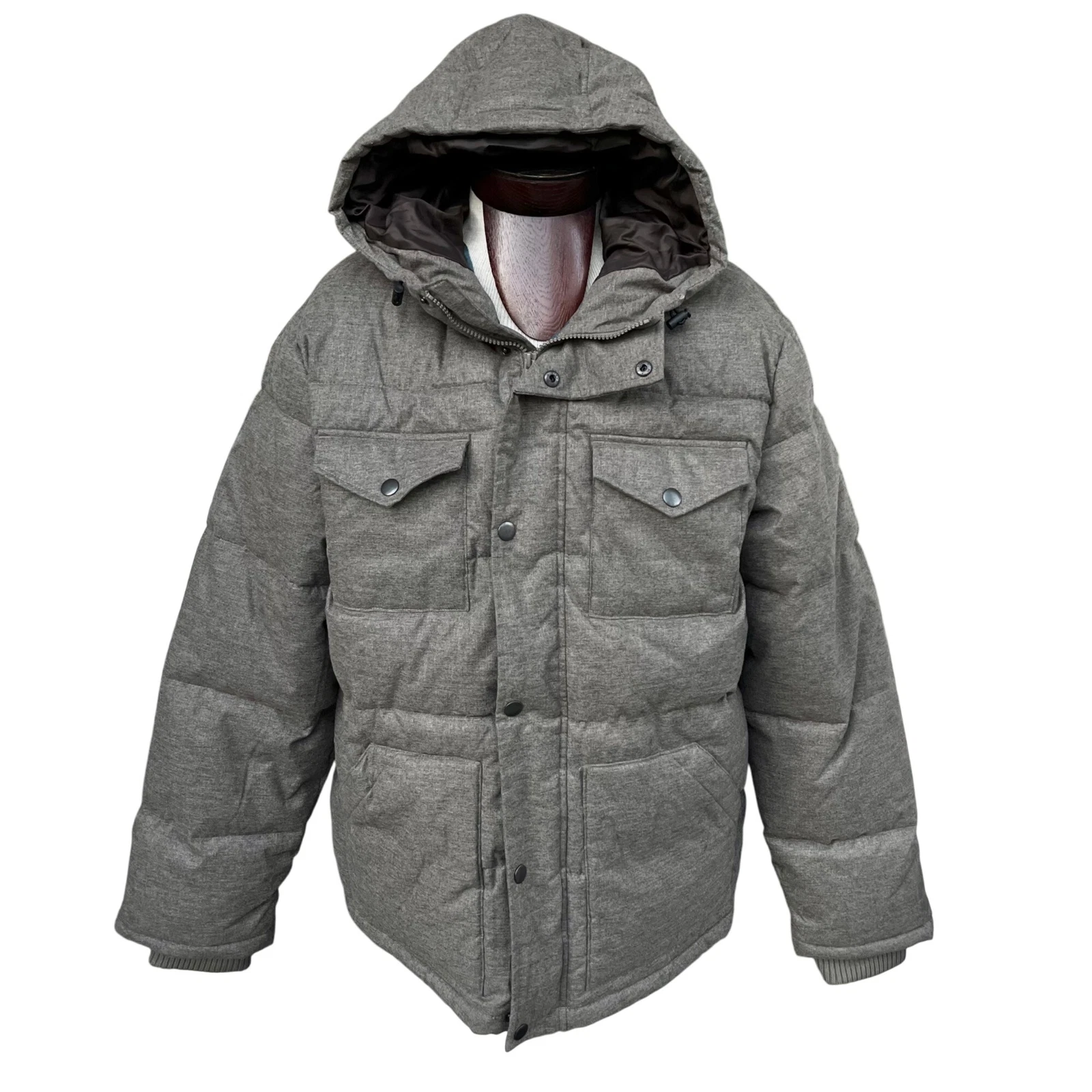 Old Navy Mens Heritage Puffer Jacket Gray Coat Hood Zip & Snap Closure Size XL