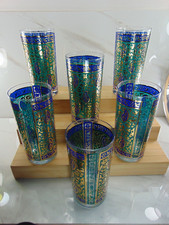 VTG SET OF 6 GEORGES BRIARD SARI PAISLEY BLUE  22K GOLD HIGH BALL GLASSES MCM