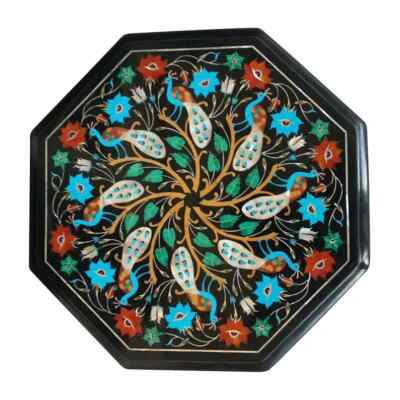 15'' Octagonal Marble Table top with fauna beautiful art   Handmade Geometric Art
