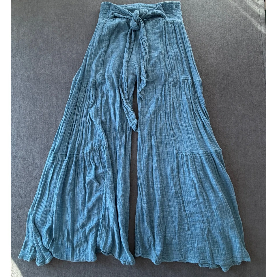 Pantalones Free People Gasa Corbata Cintura Pierna Ancha Mujer XS Azul Bohemio Cottagecore Foto 2 de 4