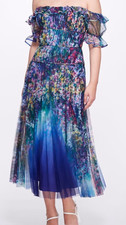 Marchesa Notte Women's Sz 0 Garden Print Floral Midi Tulle Tea Length Dress