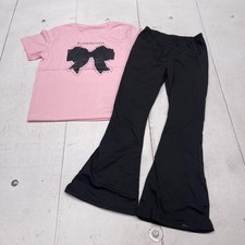 PatPat Outfit Set Girls 9-10Y Pink Bow Shirt Black Flare Pants 2 Piece Casual
