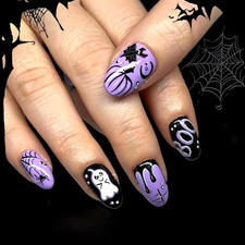 24 Pcs Purple Halloween Press On Nails Short Round Bat Ghost Spider Web Fake Nai