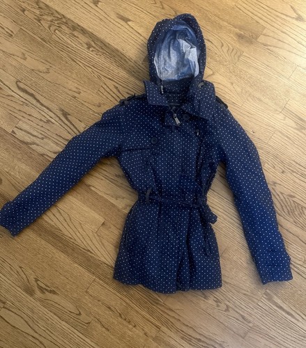 Tommy Hilfiger Womens Sz X Small Polka Dot Trench Coat NAVY zip away Hood - Picture 1 of 8