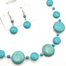Turquoise and Dyed Howlite Stone Beaded Necklace and Earrings Set Silver Tone