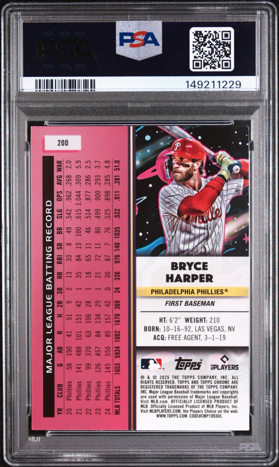 2025 Topps Cosmic Chrome - Bryce Harper #200 Purple Nebula Refractor /150 PSA 8 view 2