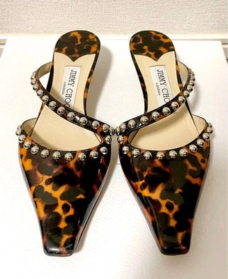 JIMMY CHOO Sandales Talon Mules Escarpins En Cuir Verni Femme Taille 36 Marron - Photo 1/4