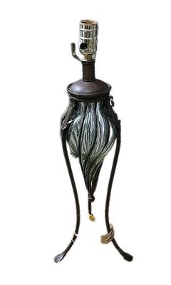 Amphora HAND BLOWN CAGED WROUGHT IRON GREEN GLASS FLOOR VASE Or LARGE Lamp 26'' 
