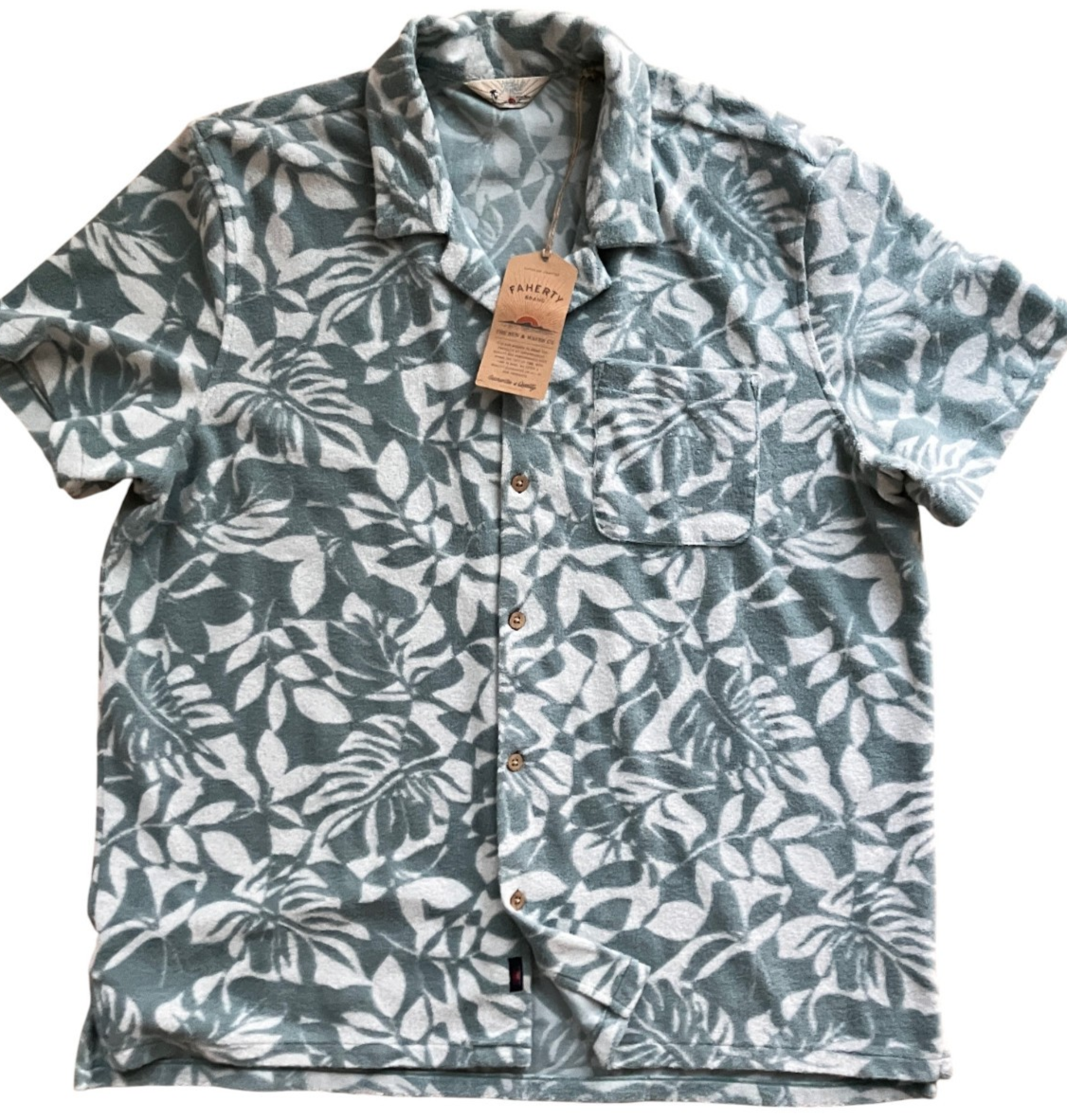 NEW Faherty Cabana Towel Terry Short Sleeve Shirt XXL Poolside Foliage Teal