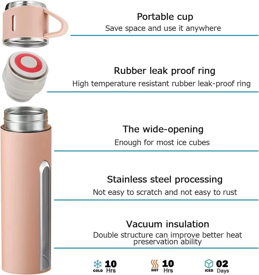 Thermos 500ml Acciaio Inox, Set Bottiglia Isolante Incl. 3 Tazze - Immagine 3 di 4