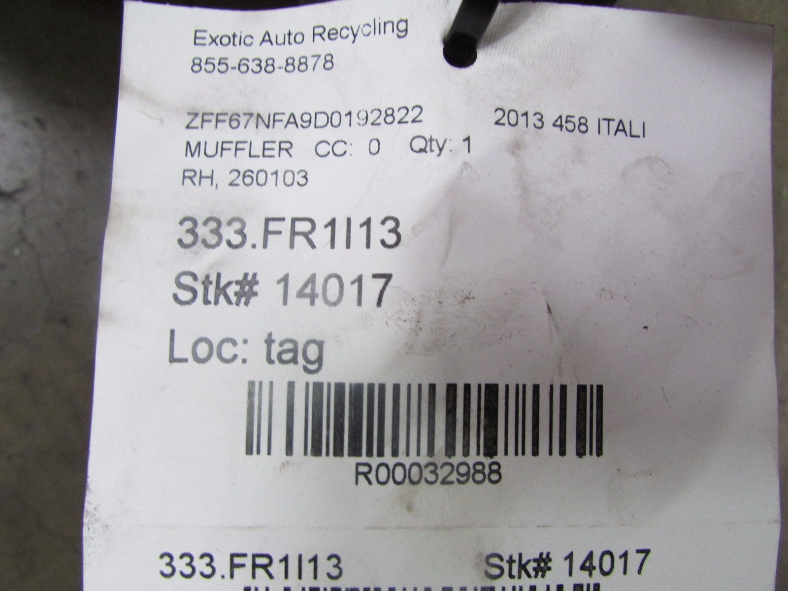 Ferrari 458 Italia, RH Right Rear Muffler, Exhaust, Used, P/N 260103