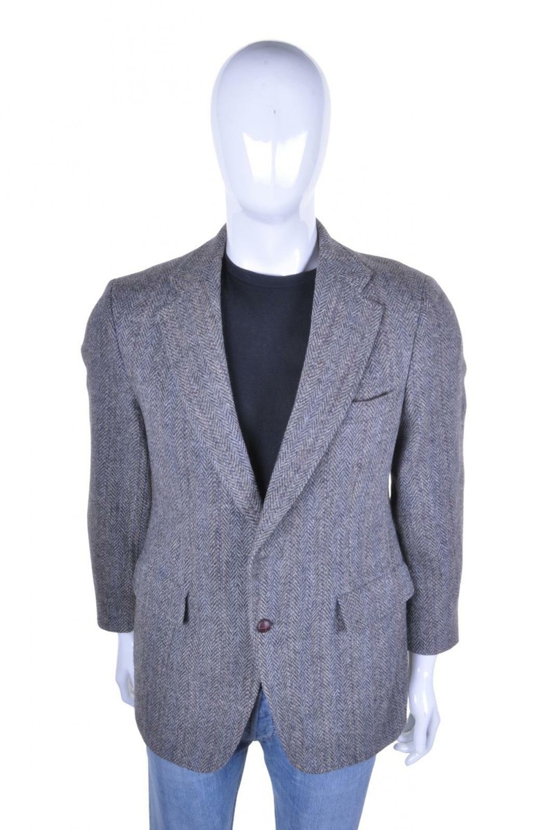 Vtg Harris Tweed Herringbone Wool Blazer L 42R Suit Jacket Sports Jacket  Mod Gre