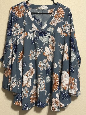 Easel Boutique Women s S Small Blue  Floral 3/4 Sleeves, Boho Top Blouse  (0412)