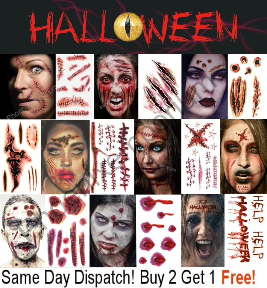 Halloween Tattoos Fancy Dress Make up FX Fake Scars Wounds Cuts Horror Blood UK
