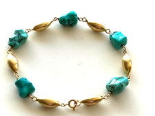18K YELLOW GOLD GENIUNE TURQUOISE NUGGET 8.5' BRACELET 13.7GR