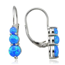 925 Silver Created Blue Opal Three Stone Drop Earrings