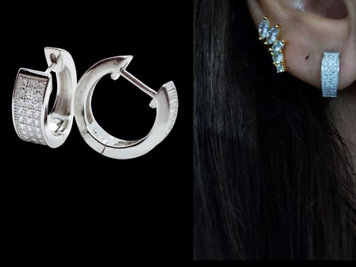 Orecchini Cerchio. orecchini uomo donna argento 925 con zirconi bianchi 14 mm - Foto 4 di 16