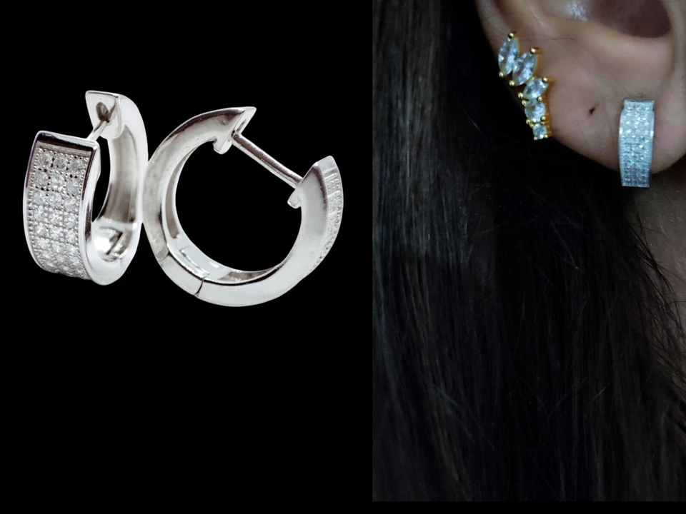 Orecchini Cerchio. orecchini uomo donna argento 925 con zirconi bianchi 14 mm - Immagine 4 di 4