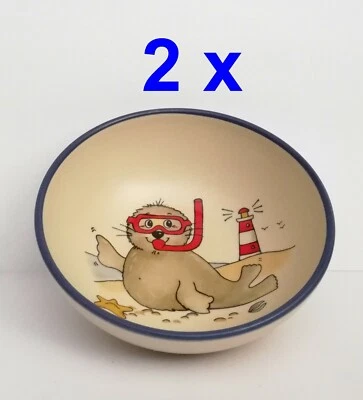 MARKENKERAMIK Lustige Kinder Brei Schale Müslischale Seehund 2er-Set Handarbeit Geschenk-Idee
