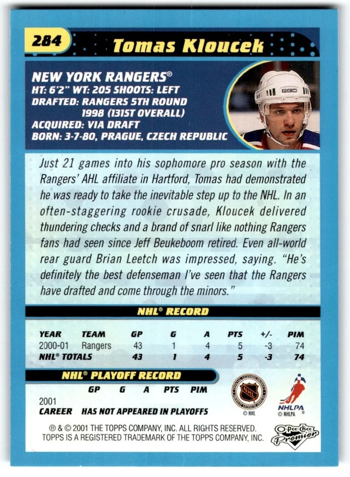 Tomas Kloucek 2001-02 Topps OPC Premier Parallel #284 New York Rangers - Image 2 of 2