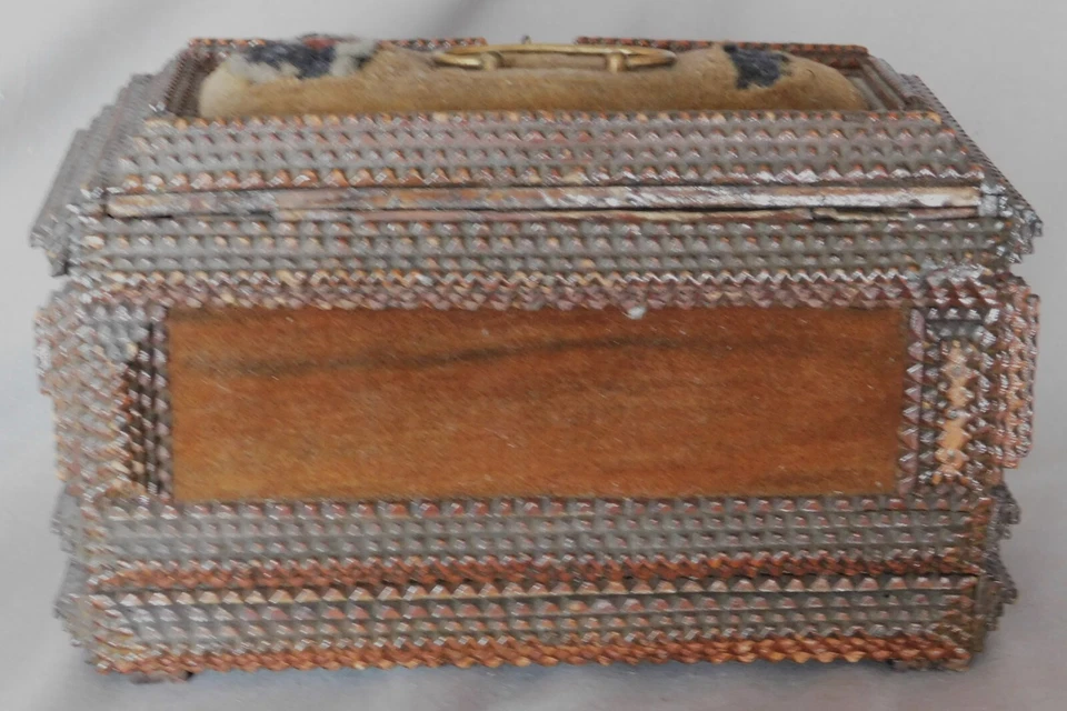 Antique Tramp art decorated box chip carved 19th c. decoupage folk brass velvet - Image 4 of 4