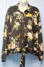 Lauren Conrad black flower print ltwt l/s button front shirt w/tie bottom XXL