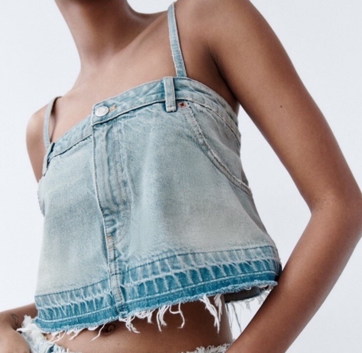 Zara Reconstructed Denim Cropped Jean Top Festival Top Size Small NWT