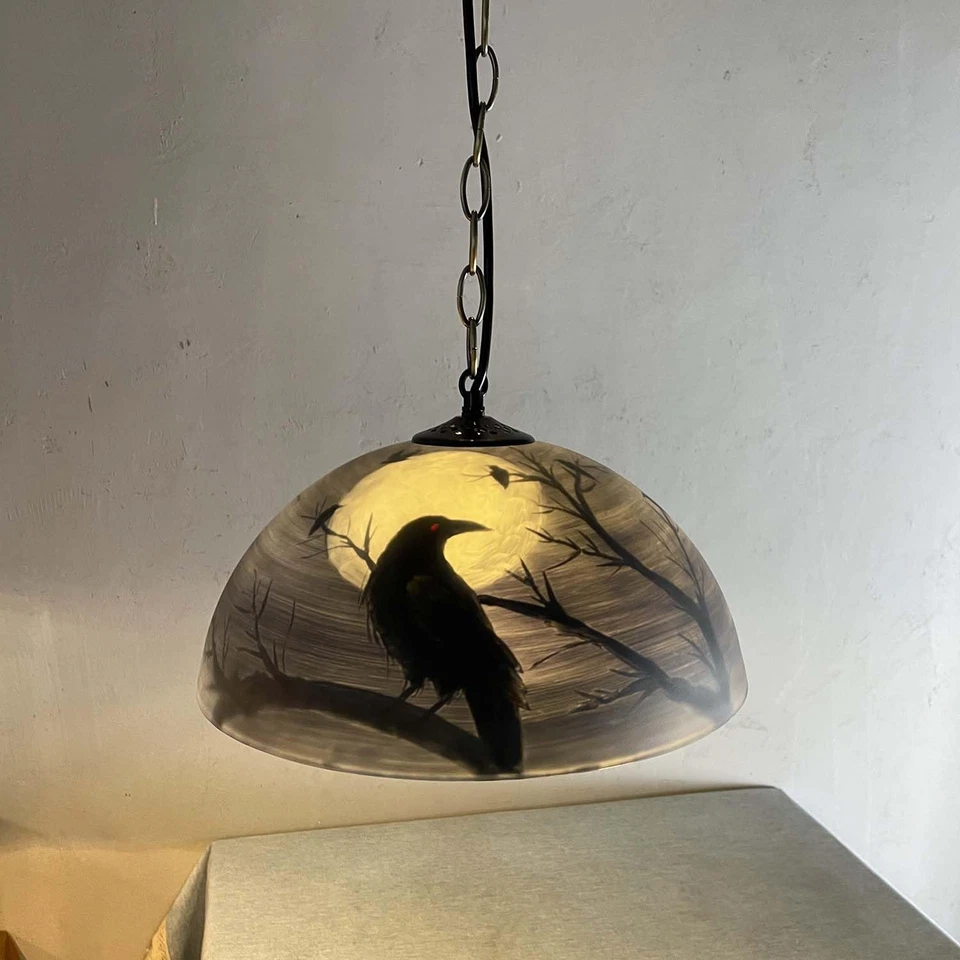 Lámpara colgante de techo de vidrio pintado a mano reverso L13001 - Cuervo en luna llena... Foto 2 de 4