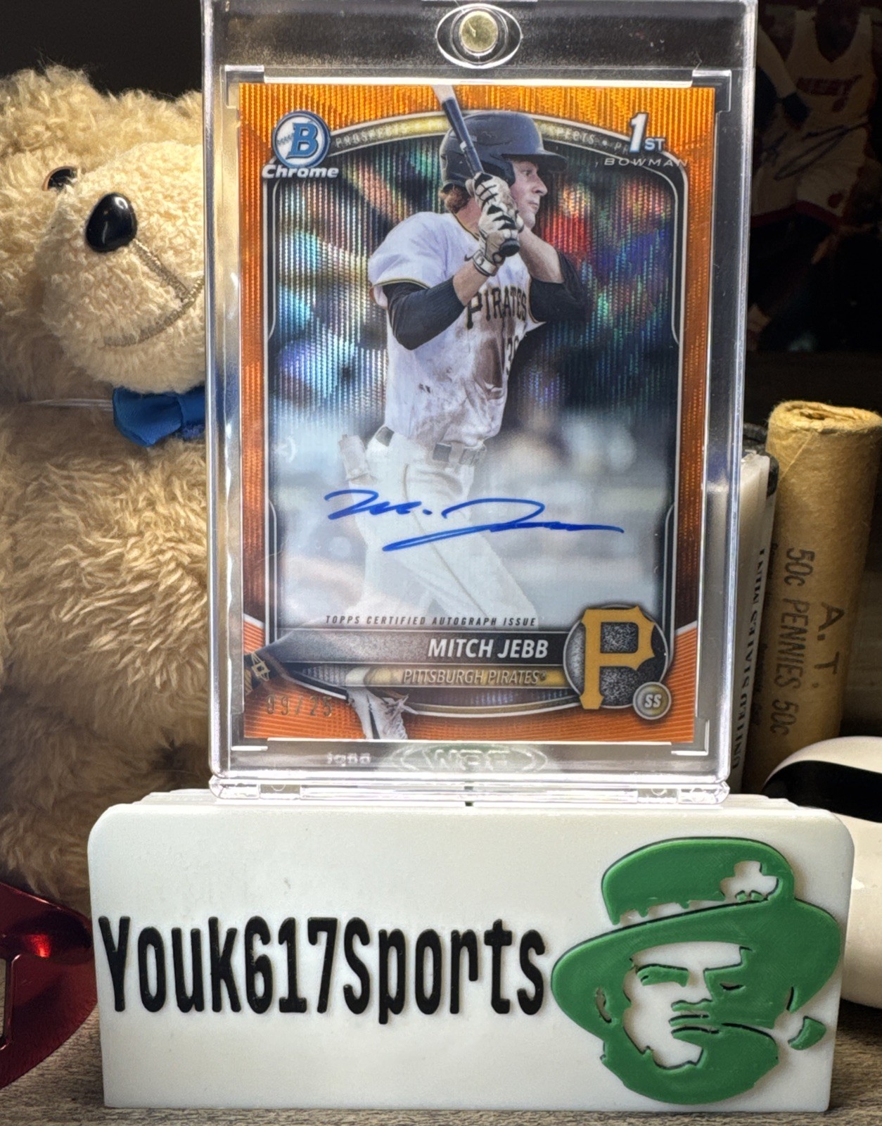 2025 Bowman Chrome 1st Mitch Jebb Orange Wave Auto #’d/25 Pirates RC 🍇🔥